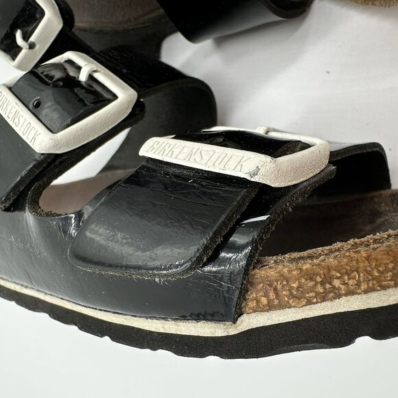 Birkenstock Arizona Patent Leather Black Sandals White Buckle Womens 38 US 7.5 - Picture 4 of 16